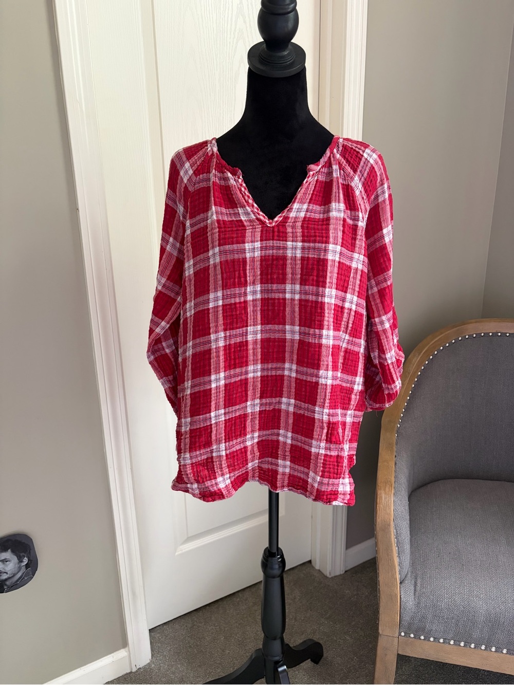 Casual Red Plaid V-Neck Tunic Top